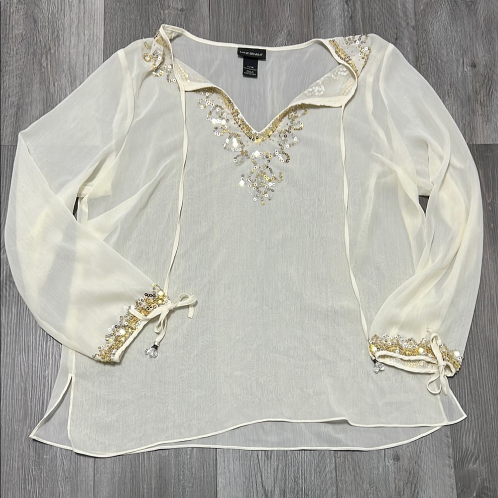 Lane Bryant Sheer Cream Embellished Blouse / size 14/16